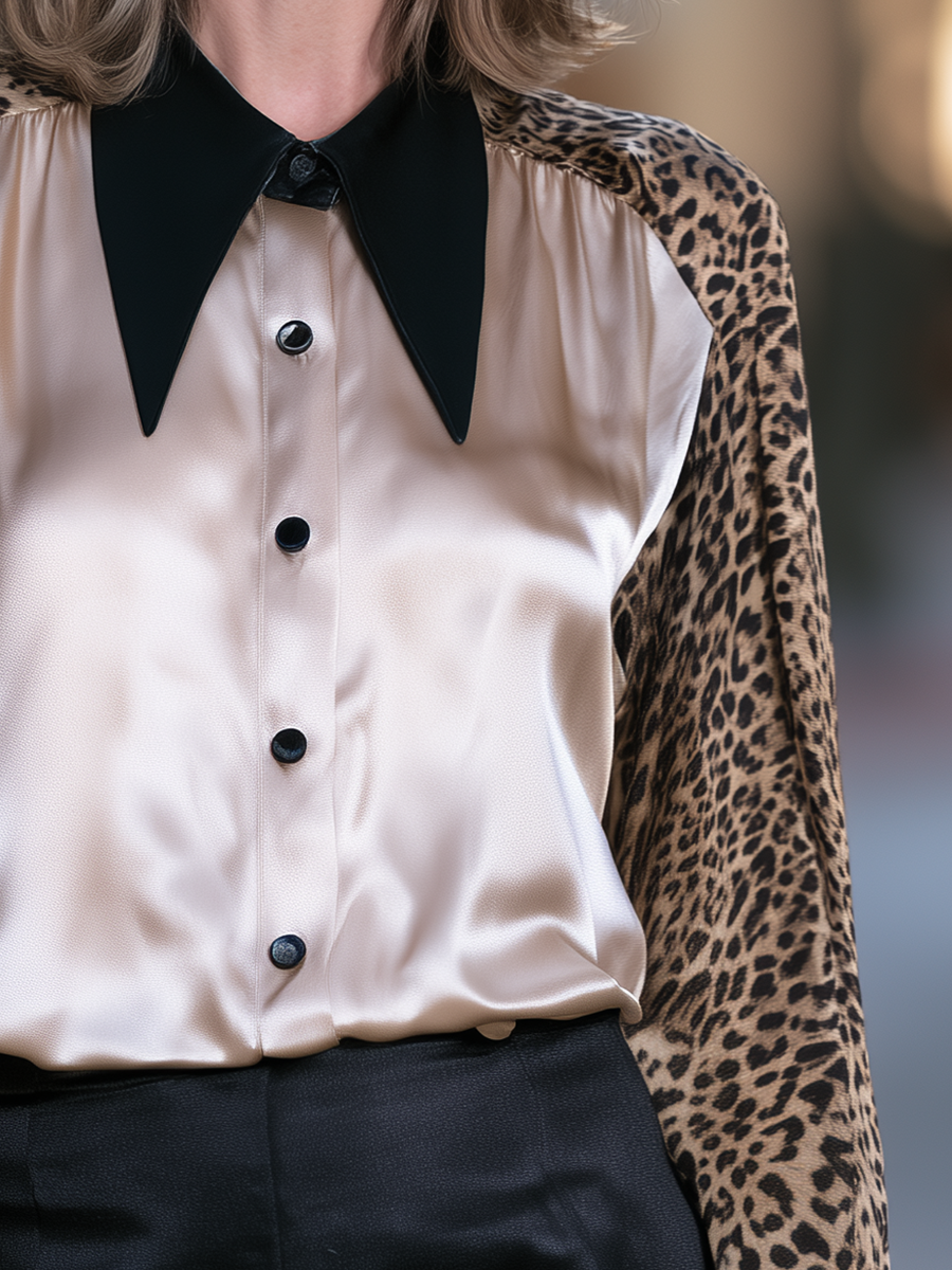 Point-Collar Animal Print Sleeve Button-Front Satin Blouse