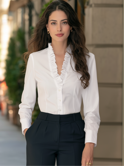 Ruffle V-Neck Long Sleeve Button-Up Blouse