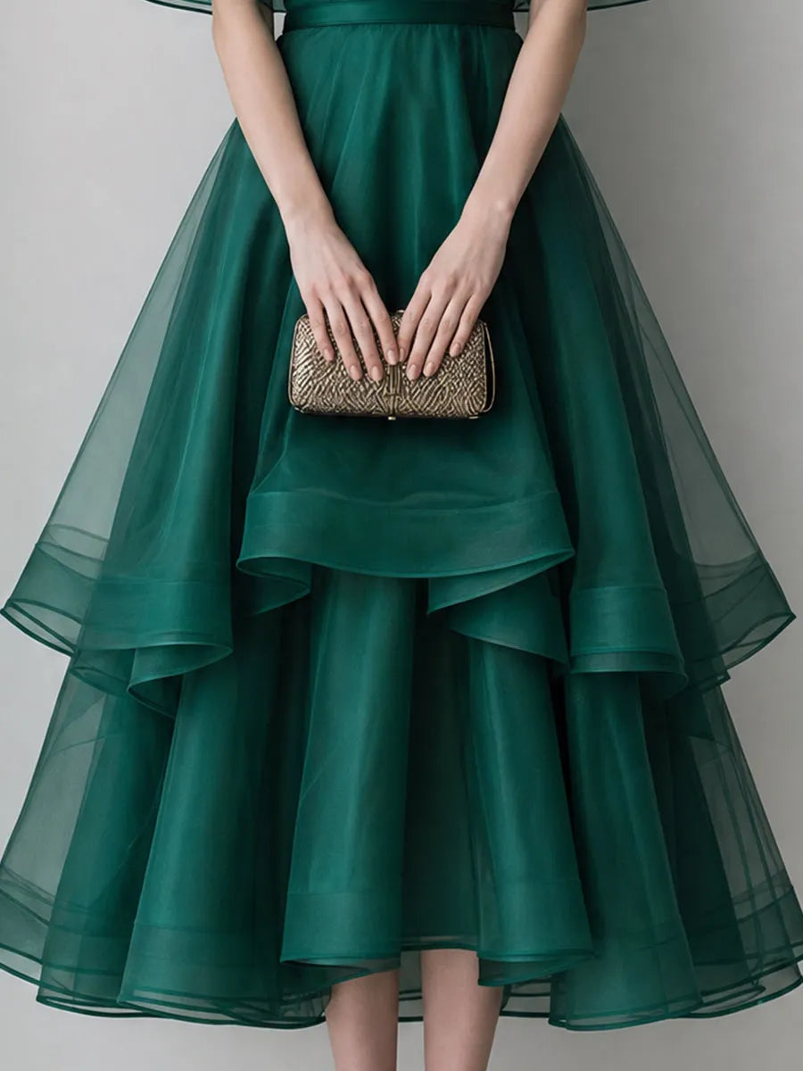 Sheer Cape Sleeve Layered Organza High-Low Midi Dress