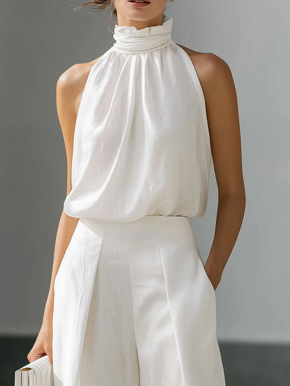 High-Neck Halter Top And Wide-Leg Trousers Set With Fluid Silhouette