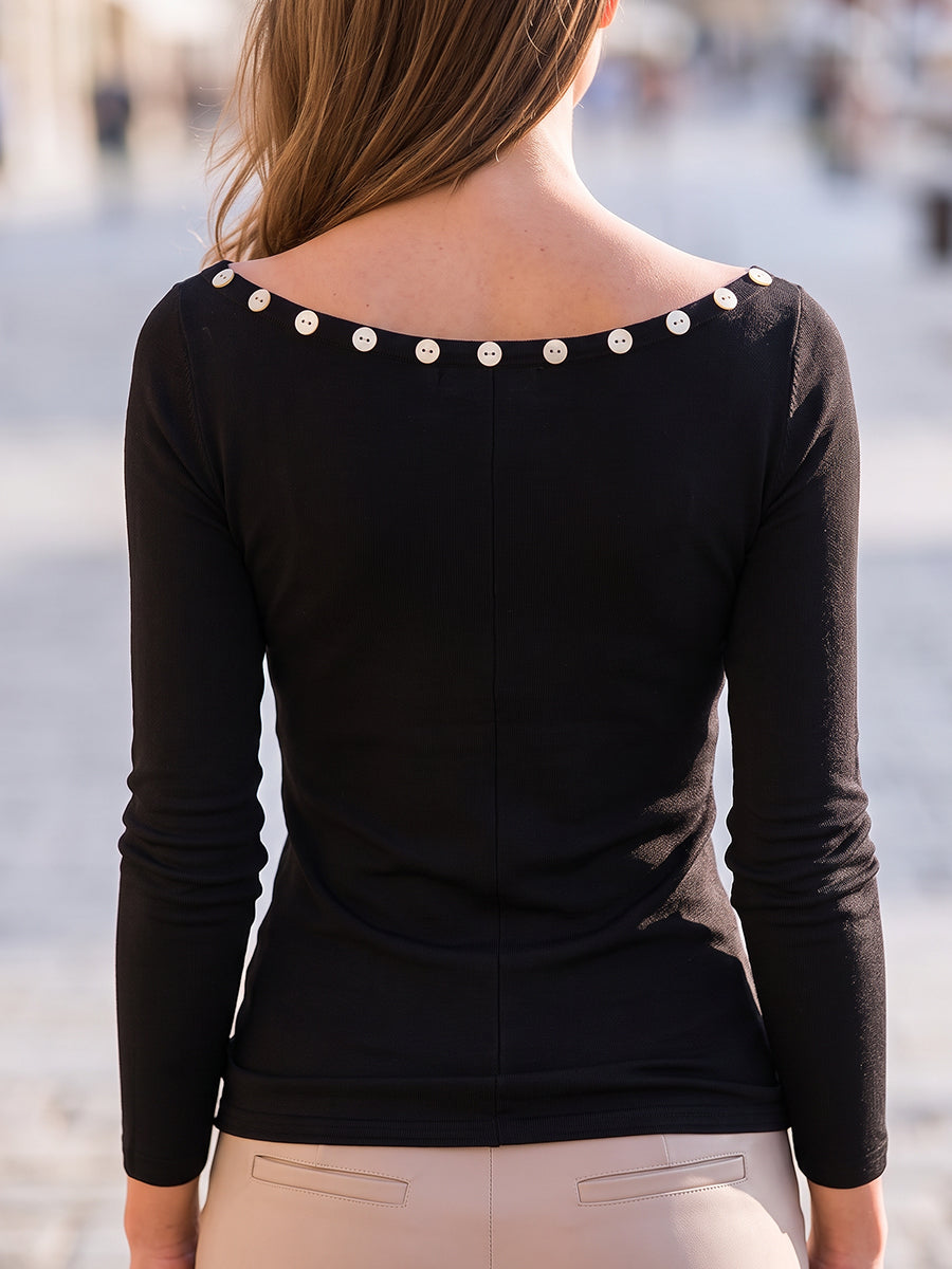 Button-Trim Boat-Neck Long-Sleeve Top