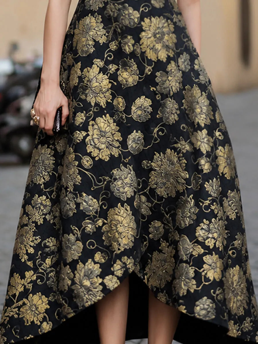 Floral Jacquard V-Neck High-Low Evening Dress