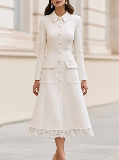Wool Blend Point Collar Pearl Button Lace Hem Fit & Flare Midi Coat Dress