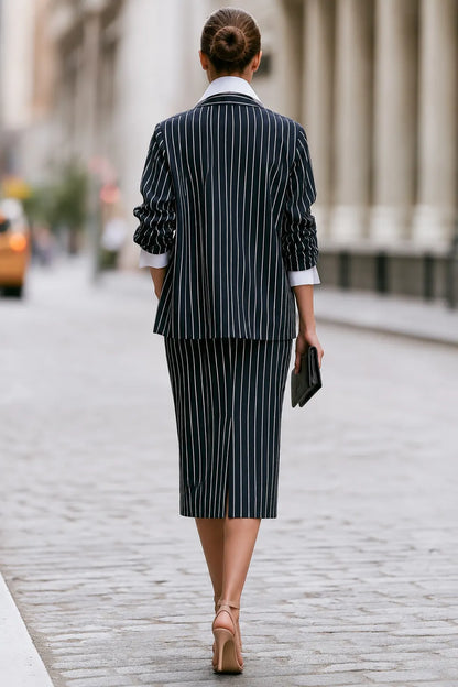 Three-piece Set Featuring A Pinstriped Blazer A Shirt  A Midi-length Pencil Skirt