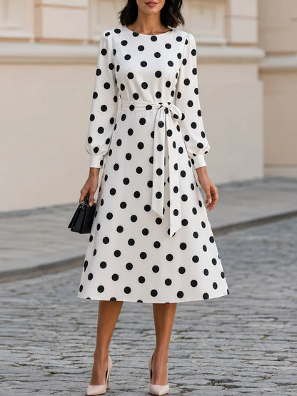 Polka Dot Round Neck Balloon Sleeve Belted A-Line Midi Dress