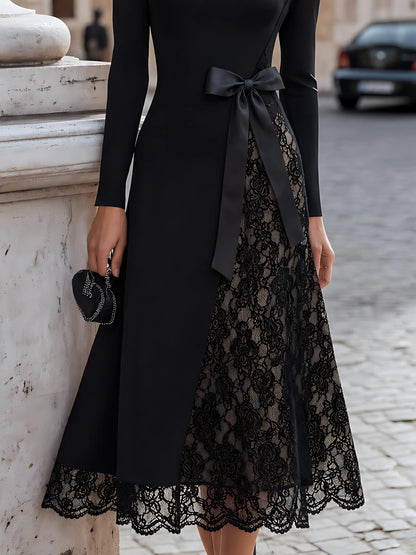 Lace Bow Asymmetric Midi Dress