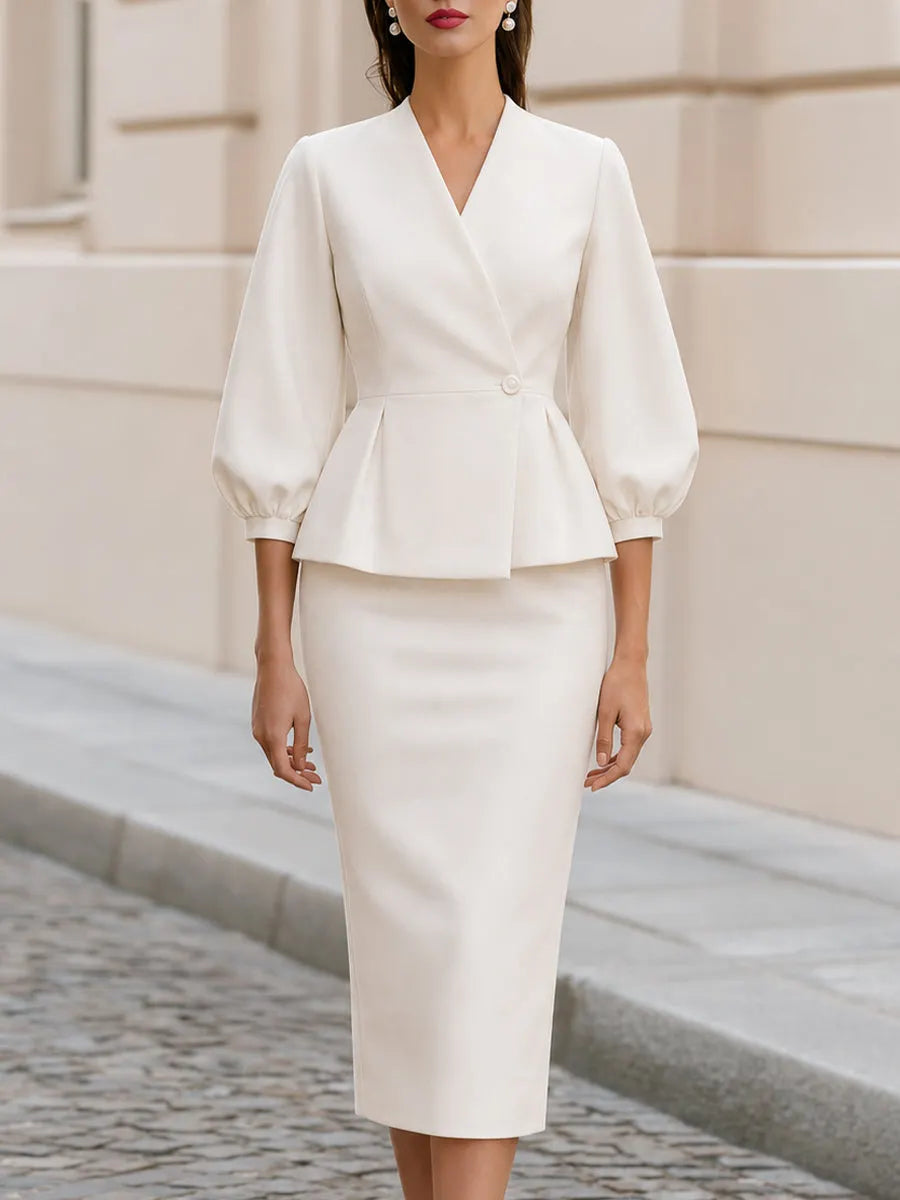 Office Formal V Neck Peplum Blazer & Midi Pencil Skirt Two-Piece  Suit Co-Ord Set