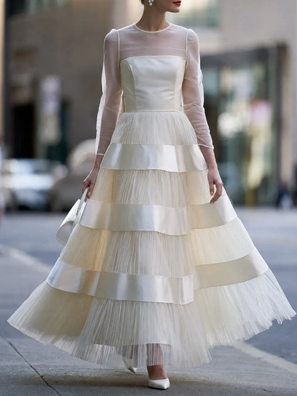Elegant Sheer Long Sleeve Tiered Tulle Evening Gown