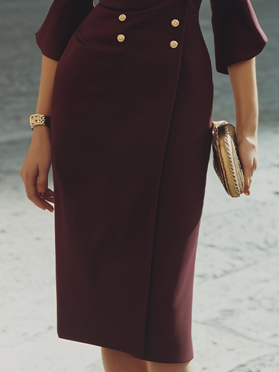 Gold Button Sculpted Sleeve Blazer Midi Dress