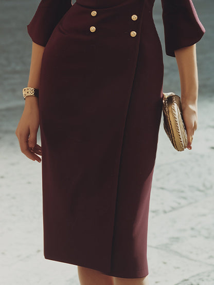 Gold Button Sculpted Sleeve Blazer Midi Dress