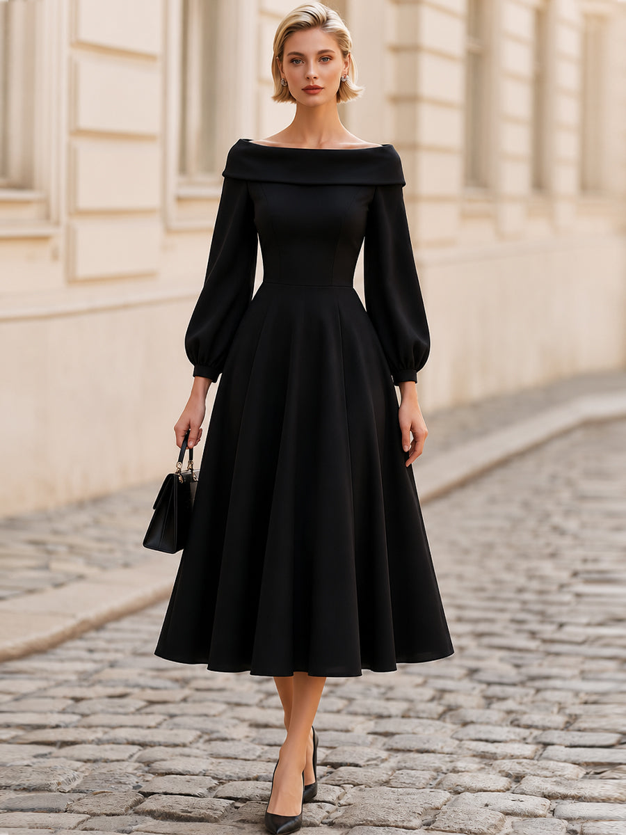Off-The-Shoulder Balloon Long Sleeve Midi Flared Dress
