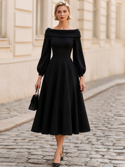 Off-The-Shoulder Balloon Long Sleeve Midi Flared Dress