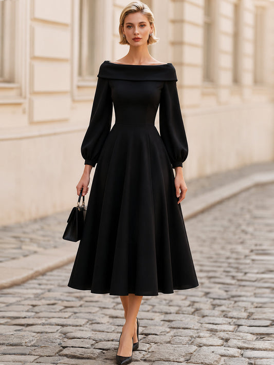 Off-The-Shoulder Balloon Long Sleeve Midi Flared Dress