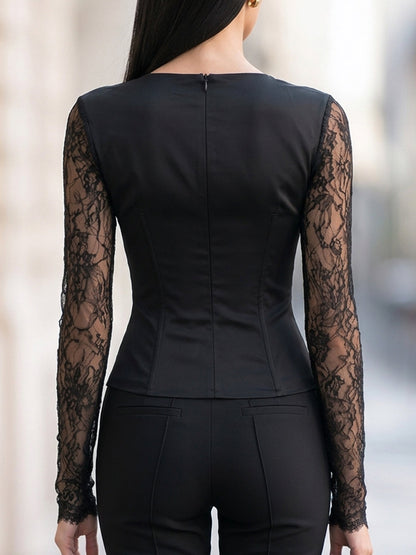 Lace Panel Asymmetric Neckline Long Sleeve Top
