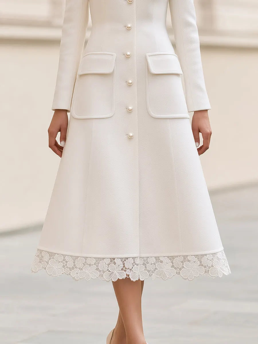Wool Blend Point Collar Pearl Button Lace Hem Fit & Flare Midi Coat Dress