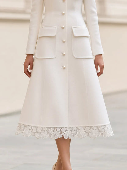 Wool Blend Point Collar Pearl Button Lace Hem Fit & Flare Midi Coat Dress