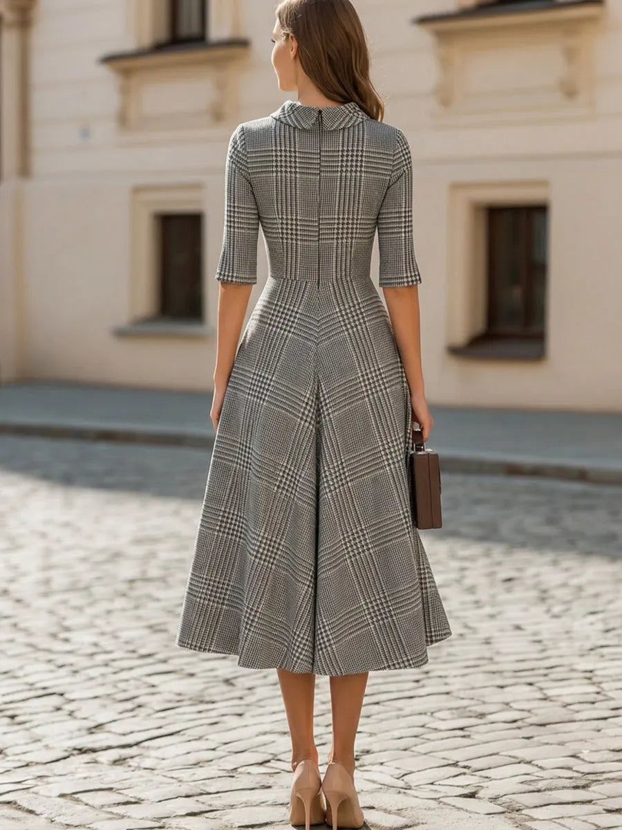 3/4 Split Sleeve Plaid Flared Midi  Dress