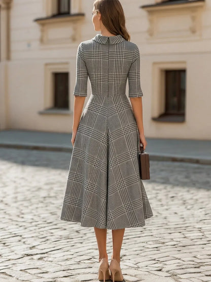 3/4 Split Sleeve Plaid Flared Midi  Dress
