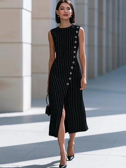 Black & White Pinstripe Sleeveless Button-Detail Midi Dress
