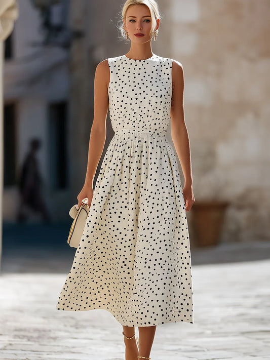 Timeless Sleeveless Polka Dot Midi Dress With Gathered Waist