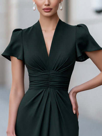Ruched Waist Flutter Sleeve V-Neck Midi Dress