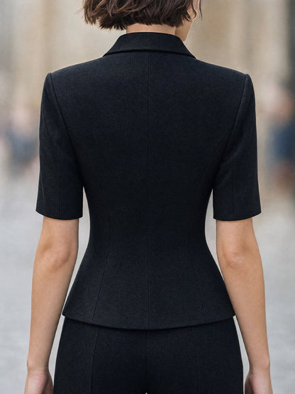 Tailored Gold-Button Blazer-Style Short Sleeve Top