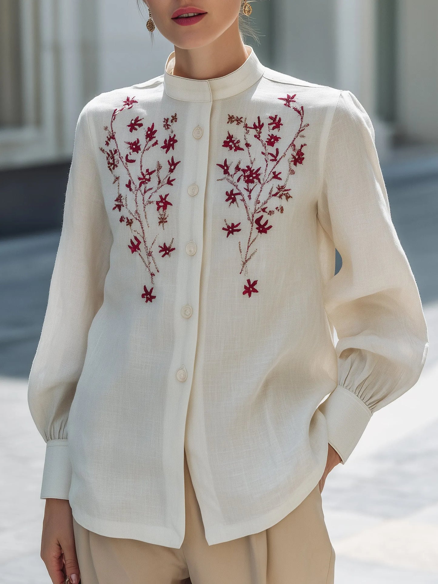 Embroidered Linen Button-Up Blouse