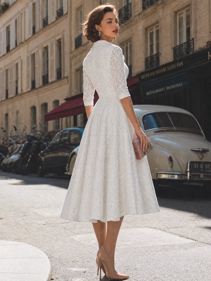 Vintage Lace Notch Collar Fit-and-Flare Midi Dress