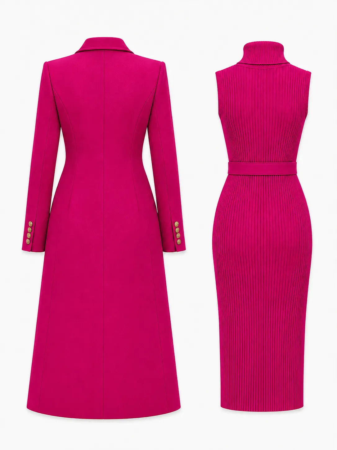 Double-Breasted Maxi Coat And Belted Knit Midi Dress Set
