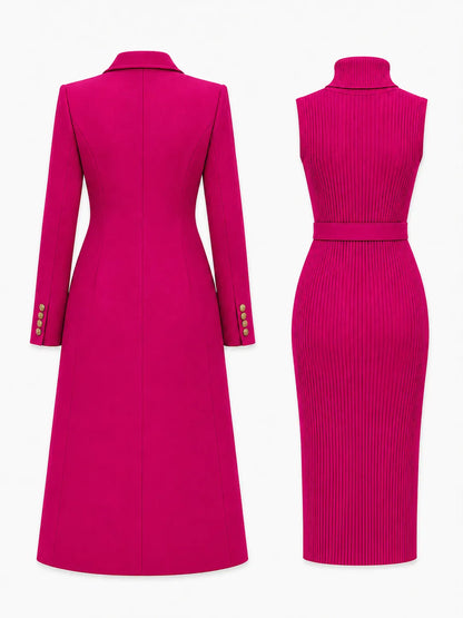 Double-Breasted Maxi Coat And Belted Knit Midi Dress Set