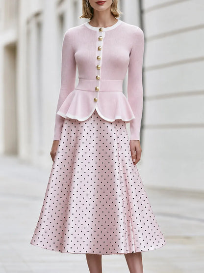 Peplum Cardigan And Polka-Dot Midi Skirt Set