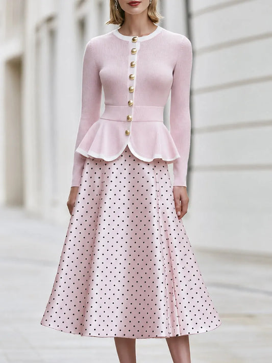 Peplum Cardigan And Polka-Dot Midi Skirt Set