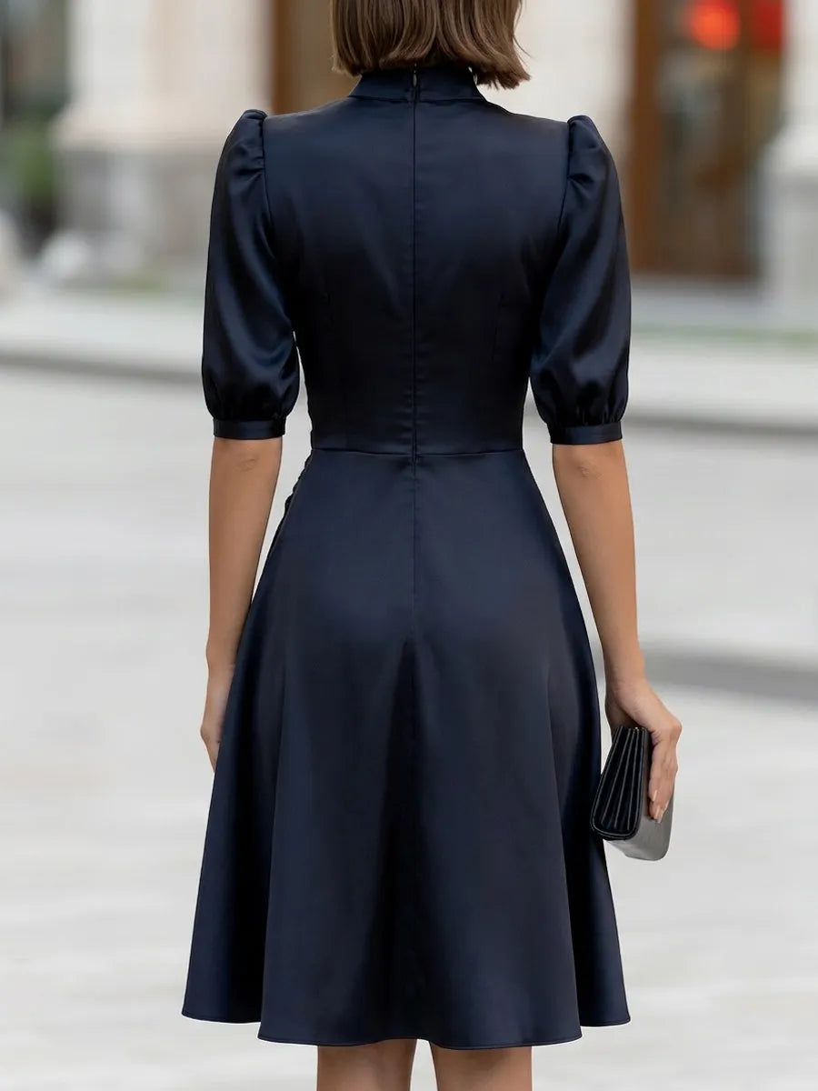 Puff Sleeves Satin Ruched Waist Midi Dress