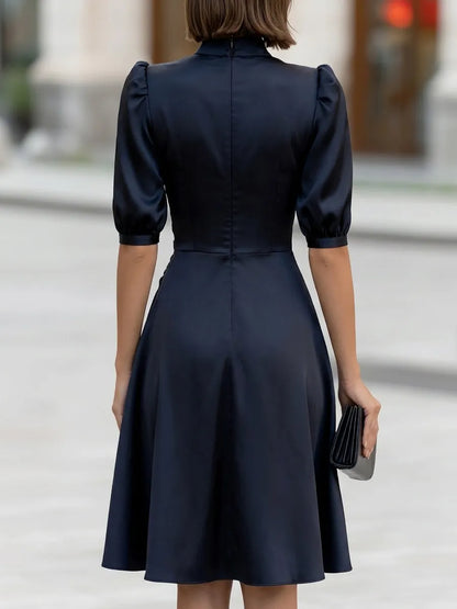 Puff Sleeves Satin Ruched Waist Midi Dress