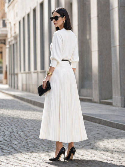 Crew-Neck Puff-Sleeve Pleated Maxi Dress