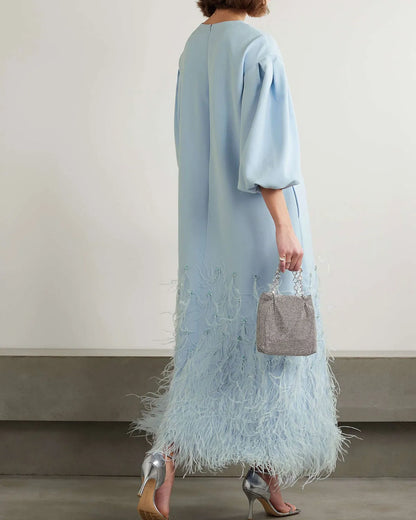 Feather-Trimmed Embellished Recycled-Crepe Gown