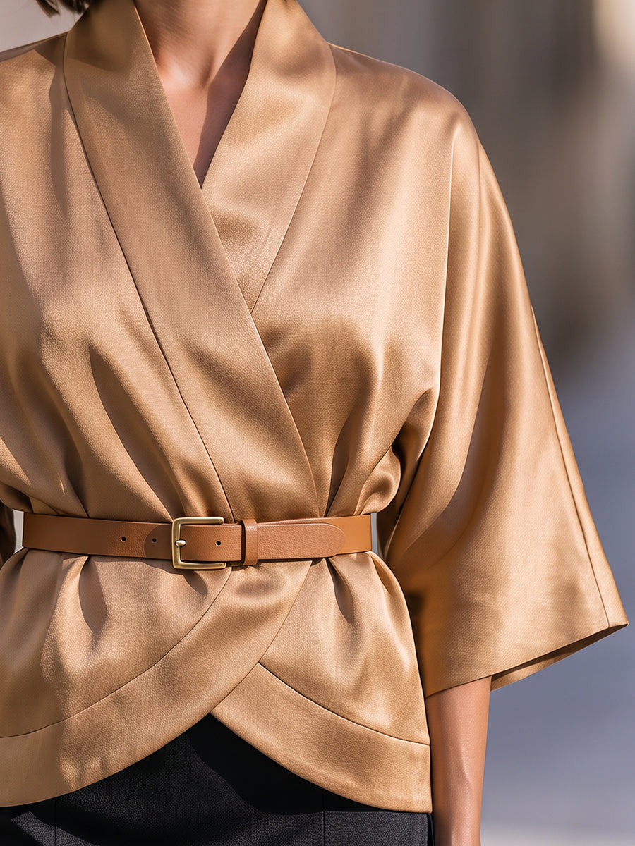 Draped Wrap Blouse With Belted Waist Design