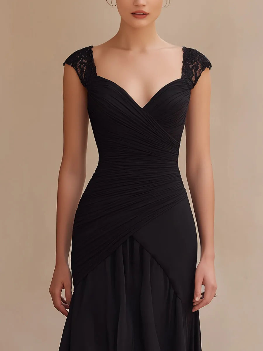 Ruched Lace-Shoulder High-Low Evening Dress