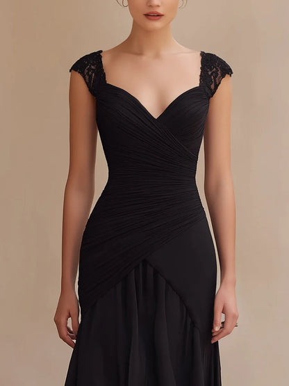Ruched Lace-Shoulder High-Low Evening Dress