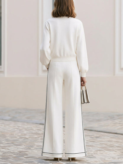 Stand Collar Zip  Cropped Jacket & Double Side Stripe Wide Leg Pants