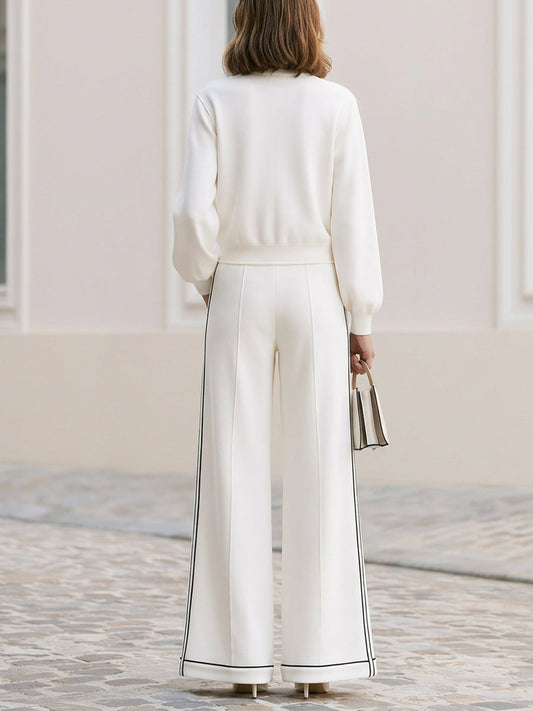 Stand Collar Zip  Cropped Jacket & Double Side Stripe Wide Leg Pants