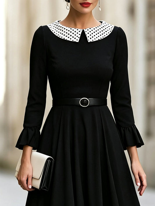 Elegant Polka Dot Collar A-Line Midi Dress