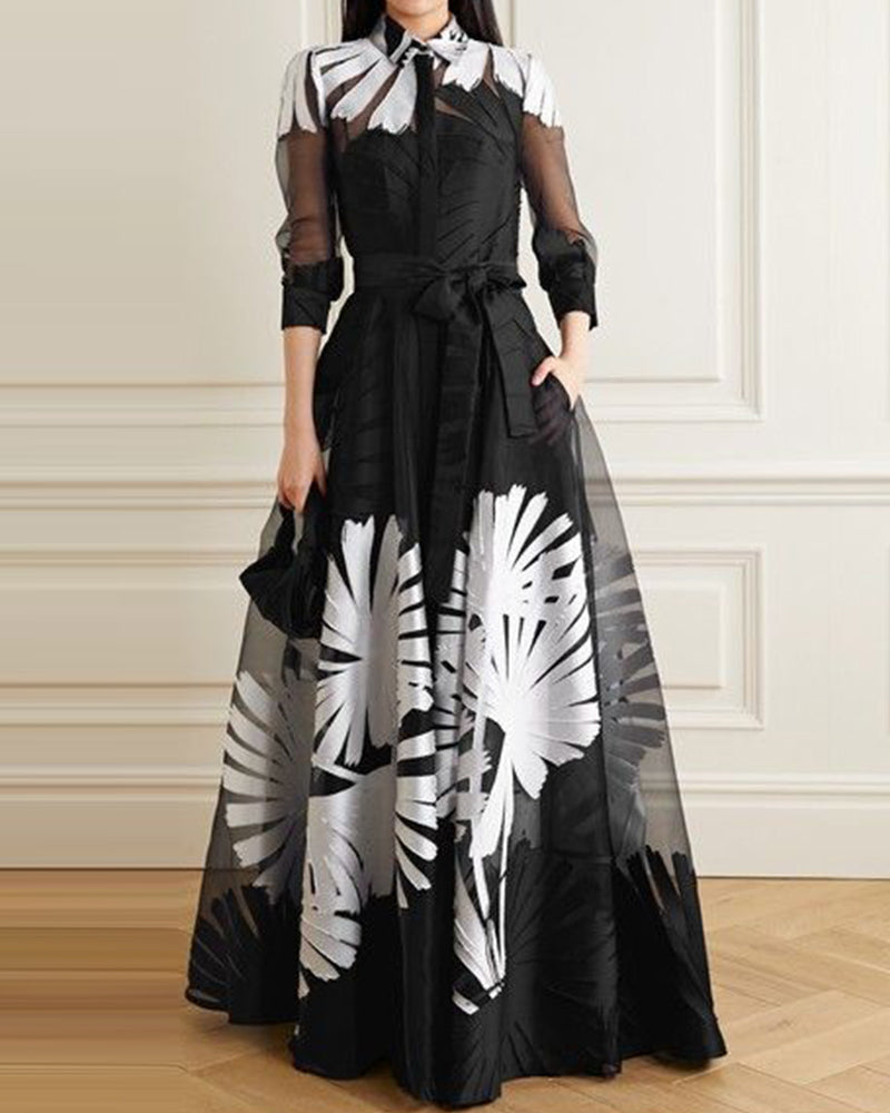 Shirt collar maxi dress organza print