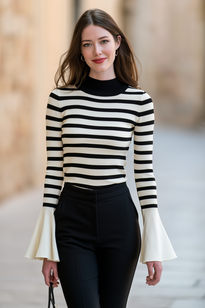Striped Mock-Neck Flared-Cuff Knit Top