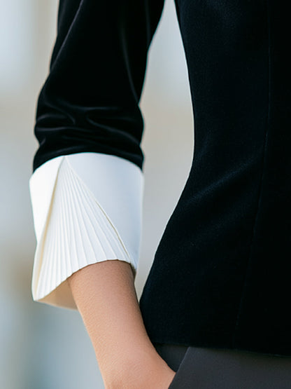 Black Velvet Contrast Cuff Boat Neck Blouse