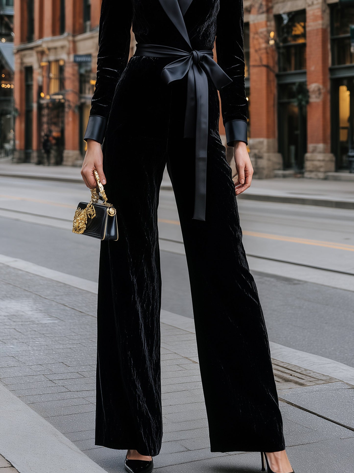 Velvet Satin-Lapel Tie-Waist Jumpsuit