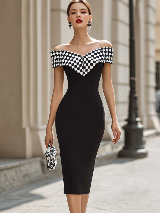 Robe fourreau midi chic à carreaux noirs et blancs et épaules dénudées