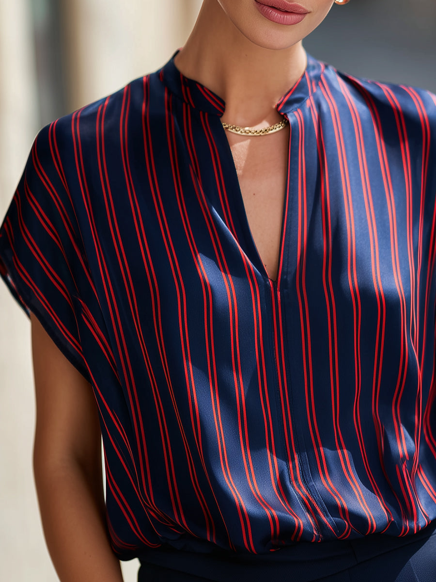Stand Collar Split Neck Striped Satin Dolman Blouse