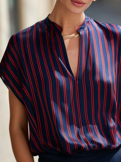 Stand Collar Split Neck Striped Satin Dolman Blouse