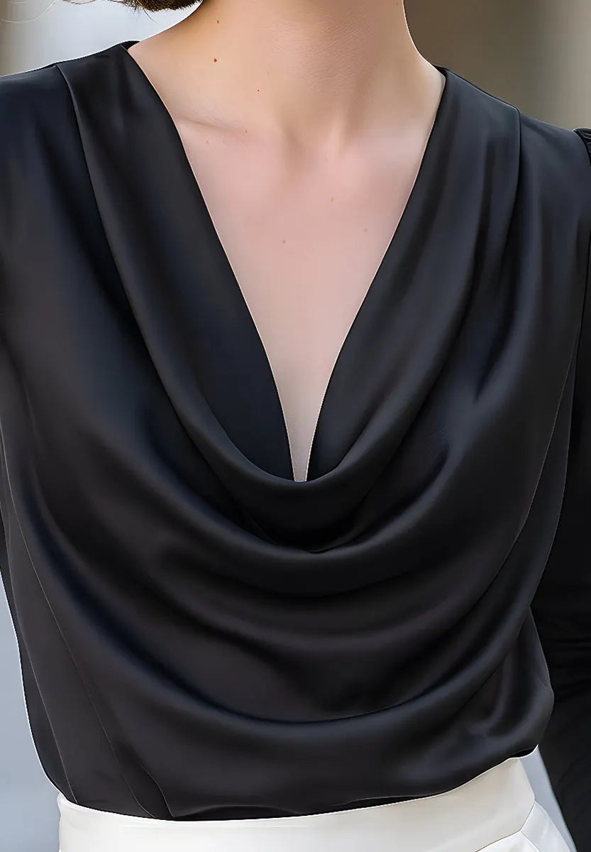Draped Collar Long-Sleeve Blouse